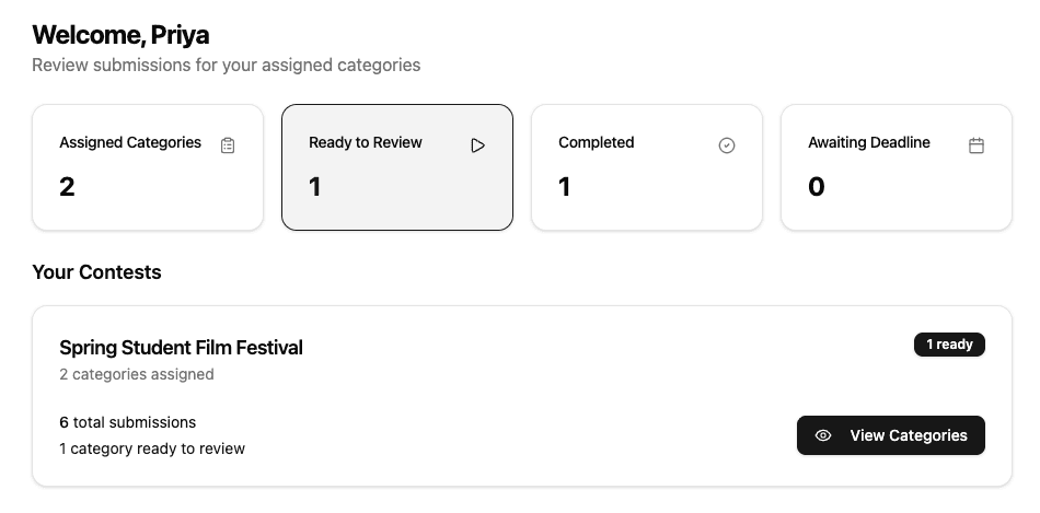 A judge's dashboard showing assigned categories and entries